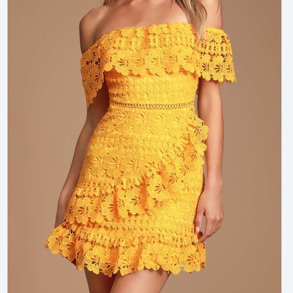 Lulu's Sunny Yellow Off-the-Shoulder Crochet Mini Dress